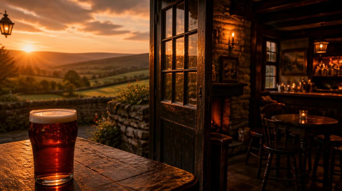Cover of The Ratters Guide To Real Ale Trails, showing a pint of real ale at sunset outside a Yorkshire country pub